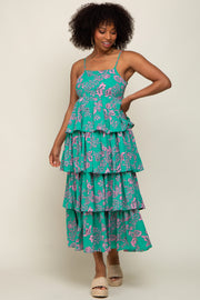 Green Floral Ruffle Tiered Maxi Dress