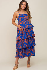 Royal Blue Floral Ruffle Tiered Maternity Maxi Dress