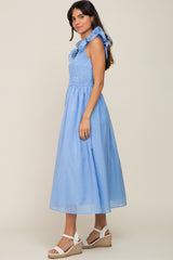 Light Blue Checkered Ruffle Midi Dress