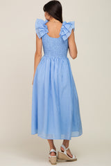 Light Blue Checkered Ruffle Midi Dress