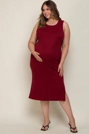 Burgundy Basic Ribbed Side Slit Maternity Plus Midi Dress