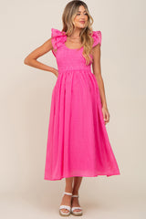 Fuchsia Checkered Ruffle Maternity Midi Dress