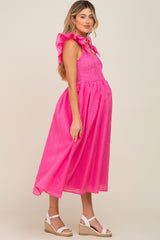 Fuchsia Checkered Ruffle Maternity Midi Dress