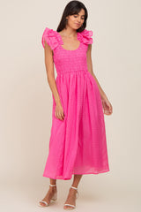 Fuchsia Checkered Ruffle Midi Dress