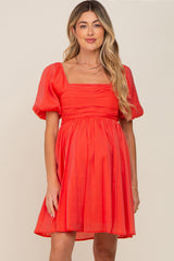 Orange Square Neck Puff Short Sleeve Maternity Dress