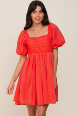 Orange Square Neck Puff Short Sleeve Dress