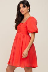 Orange Square Neck Puff Short Sleeve Dress