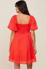 Orange Square Neck Puff Short Sleeve Dress