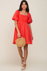 Orange Square Neck Puff Short Sleeve Dress