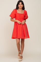 Orange Square Neck Puff Short Sleeve Dress