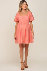 Salmon Square Neck Puff Short Sleeve Maternity Dress