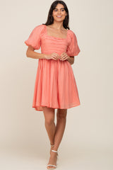 Salmon Square Neck Puff Short Sleeve Dress