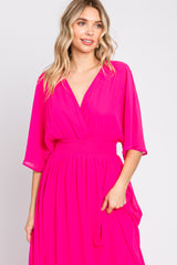 Fuchsia Chiffon V-Neck Smocked Waist Maxi Dress