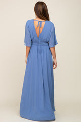 Blue Chiffon V-Neck Smocked Waist Maxi Dress