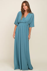 Turquoise Chiffon V-Neck Smocked Waist Maxi Dress