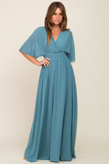 Turquoise Chiffon V-Neck Smocked Waist Maxi Dress