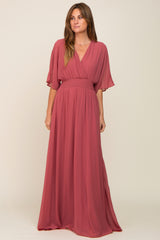 Mauve Chiffon V-Neck Smocked Waist Maxi Dress