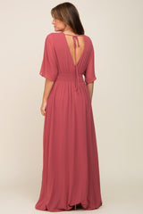 Mauve Chiffon V-Neck Smocked Waist Maxi Dress