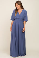 Navy Chiffon V-Neck Smocked Waist Maxi Dress