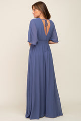 Navy Chiffon V-Neck Smocked Waist Maxi Dress