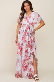 Red Floral Chiffon V-Neck Front Slit Maternity Dress