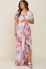 Red Floral Chiffon V-Neck Front Slit Maternity Dress