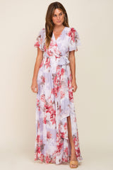 Red Floral Chiffon V-Neck Front Slit Dress