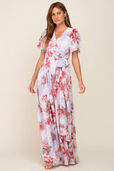 Red Floral Chiffon V-Neck Front Slit Dress