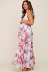 Red Floral Chiffon Double V-Neck Sleeveless Maternity Maxi Dress