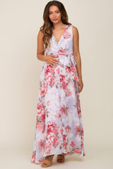 Red Floral Chiffon Double V-Neck Sleeveless Maternity Maxi Dress