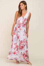 Red Floral Chiffon Double V-Neck Sleeveless Maxi Dress