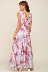 Red Floral Chiffon Double V-Neck Sleeveless Maxi Dress