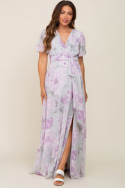 Lavender Floral Chiffon V-Neck Front Slit Short Sleeve Maternity Dress