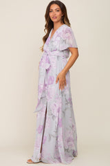 Lavender Floral Chiffon V-Neck Front Slit Short Sleeve Maternity Dress