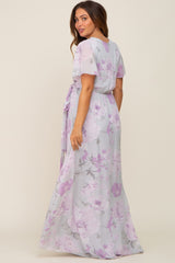 Lavender Floral Chiffon V-Neck Front Slit Short Sleeve Maternity Dress