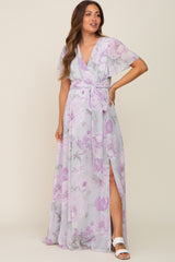 Lavender Floral Chiffon V-Neck Front Slit Short Sleeve Maternity Dress