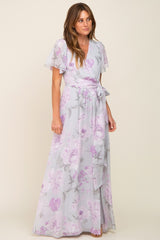 Lavender Floral Chiffon V-Neck Front Slit Short Sleeve Maternity Dress