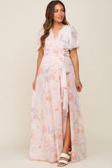 Peach Floral Chiffon V-Neck Front Slit Short Sleeve Maternity Dress