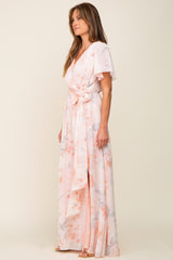 Peach Floral Chiffon V-Neck Front Slit Short Sleeve Dress