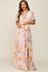 Peach Floral Chiffon V-Neck Front Slit Short Sleeve Maternity Dress