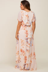 Peach Floral Chiffon V-Neck Front Slit Short Sleeve Maternity Dress