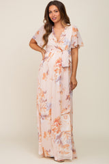 Peach Floral Chiffon V-Neck Front Slit Short Sleeve Maternity Dress