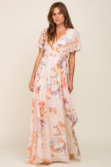 Peach Floral Chiffon V-Neck Front Slit Short Sleeve Dress