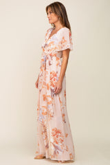 Peach Floral Chiffon V-Neck Front Slit Short Sleeve Dress