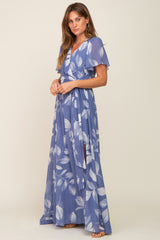 Blue Leaf Print Chiffon V-Neck Front Slit Dress