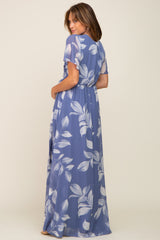 Blue Leaf Print Chiffon V-Neck Front Slit Dress