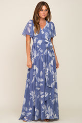 Blue Leaf Print Chiffon V-Neck Front Slit Dress