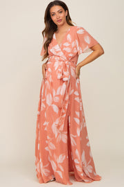 Salmon Leaf Print Chiffon V-Neck Front Slit Maternity Dress