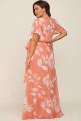 Salmon Leaf Print Chiffon V-Neck Front Slit Maternity Dress