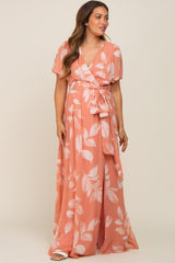 Salmon Leaf Print Chiffon V-Neck Front Slit Maternity Dress